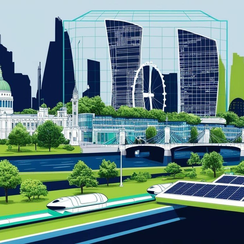 Vibrant, stylised digital illustration featuring a modern, eco-friendly London cityscape that features new and known landmarks that have been integrated and upgraded with greenery, solar panels, and innovative architecture, symbolising a sustainable Vibrant, stylised digital illustration featuring a modern, eco-friendly London cityscape that features new and known landmarks that have been integrated and upgraded with greenery, solar panels, and innovative architecture, symbolising a sustainable